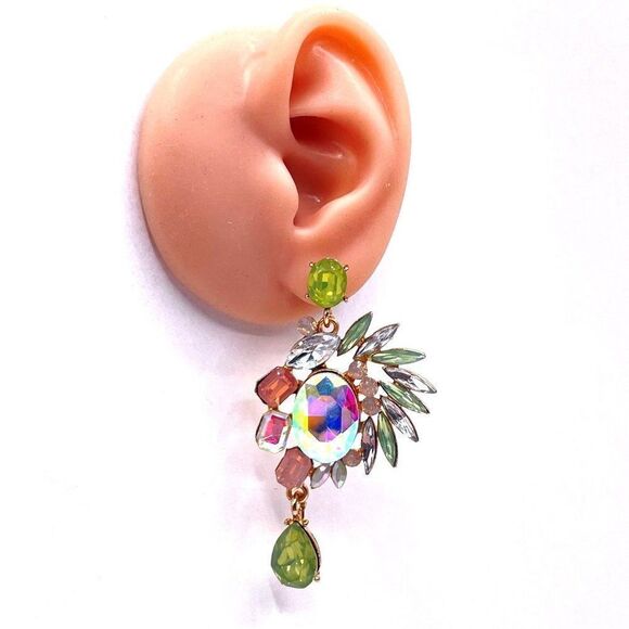 Yellow Gold with Multicolor Pastel Crystal Art Deco Style Post Back Earrings - Picture 6 of 6